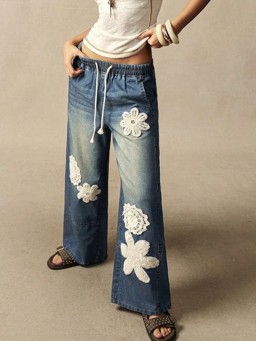 Blue Casual Women's Woven Loose Wide-Leg Jeans